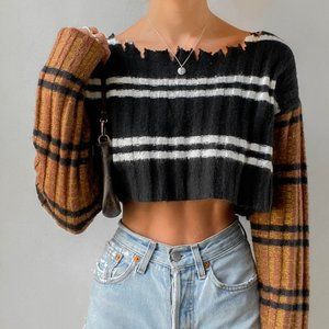 BDG Urban Outfitters Women's Brown and Black Striped Crop Sweater